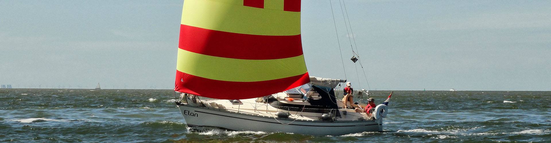 De Elan onder de rood-gele spinnaker op golvend water